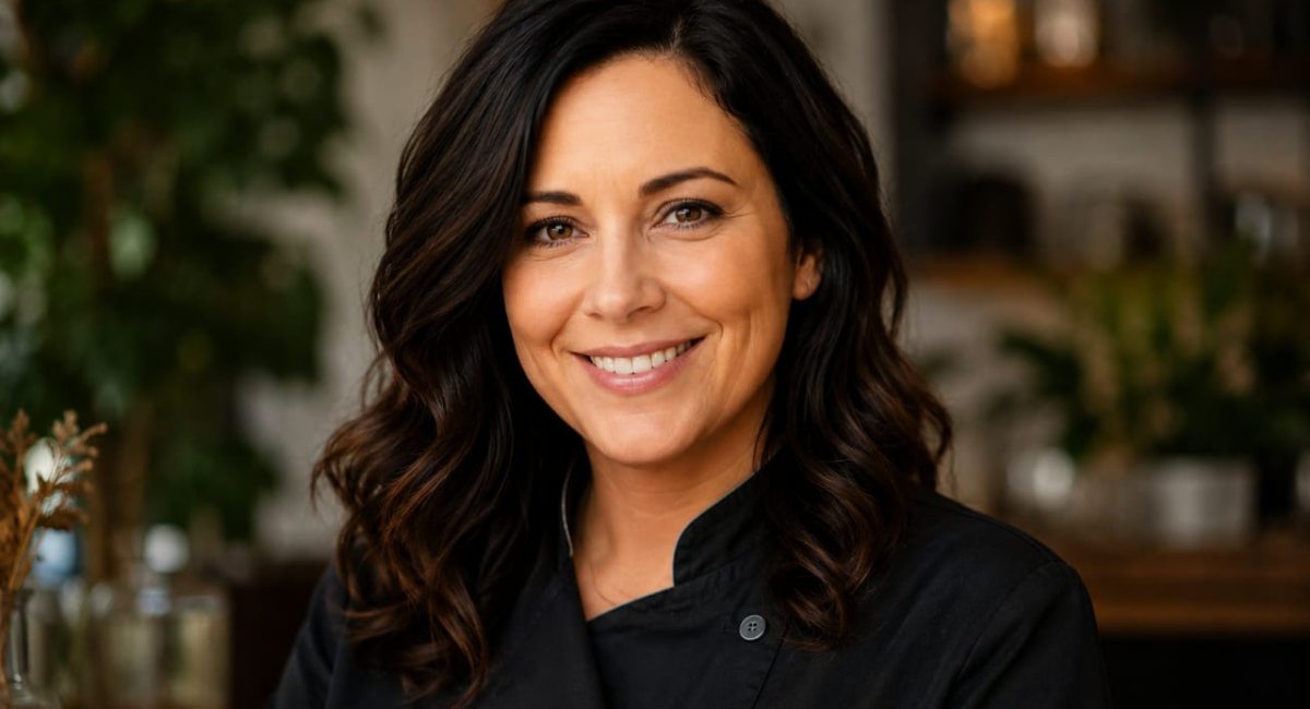 Aliza Barber, the wife of actor Lance Barber, smiling in a professional chef uniform in a modern kitchen setting, representing her private life and culinary career.
